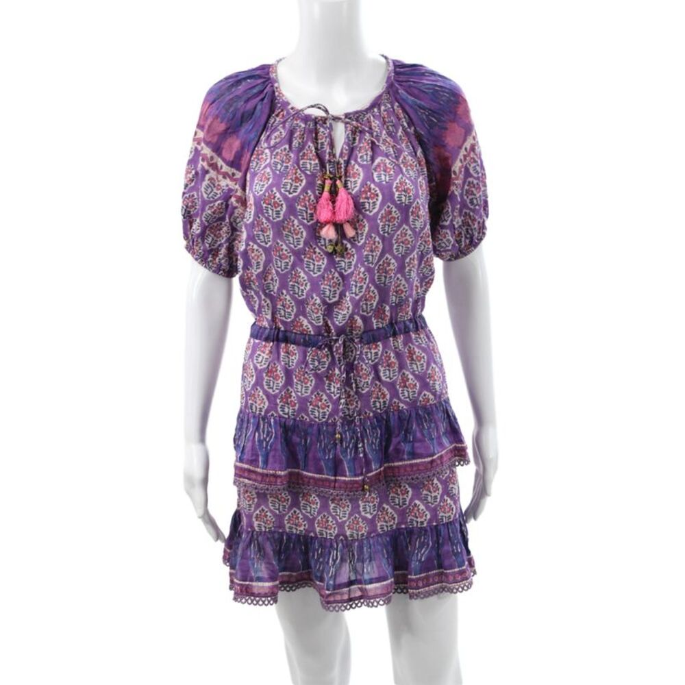 Bell Women Mini Floral Cotton Short Sleeve Round Neck Dress Purple Size XS